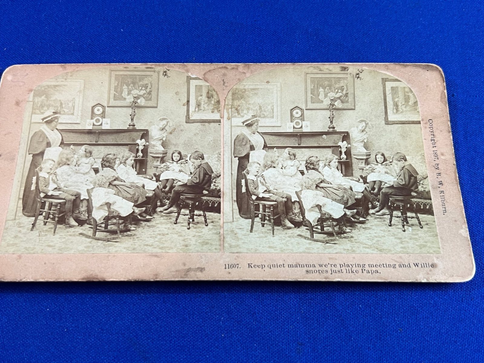 Stereoview Card Photograph of a young lad snoring at a girls meeting