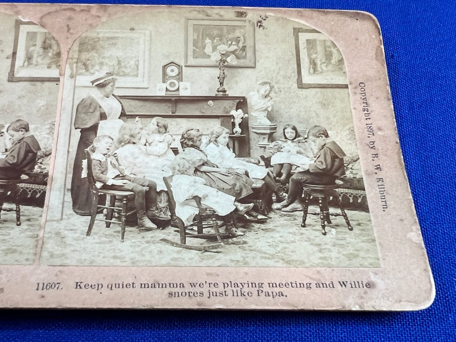Stereoview Card Photograph of a young lad snoring at a girls meeting
