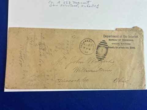 John Olford Co. A 133 Regiment Ohio Volunteers Pension Envelope