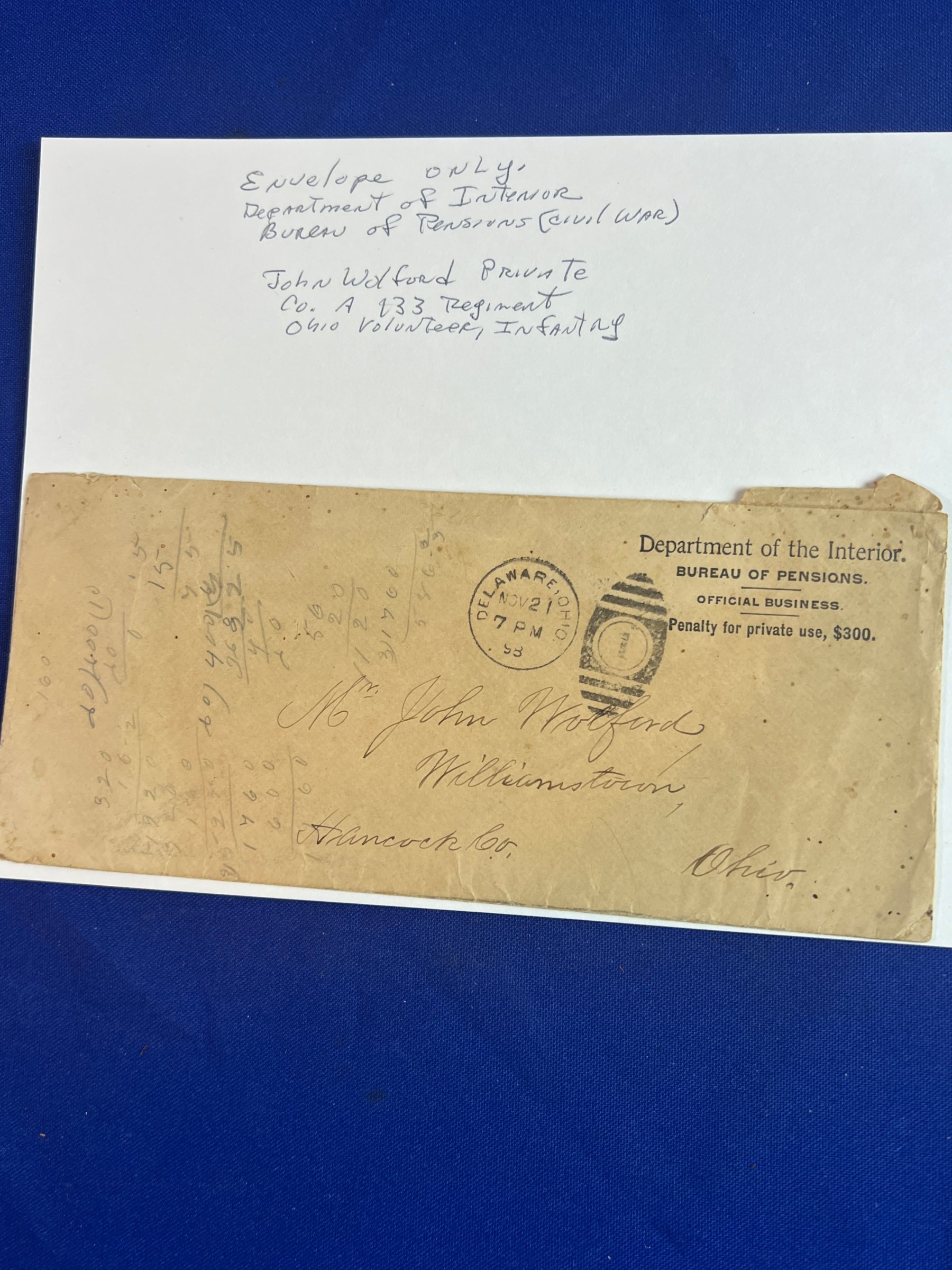 John Olford Co. A 133 Regiment Ohio Volunteers Pension Envelope