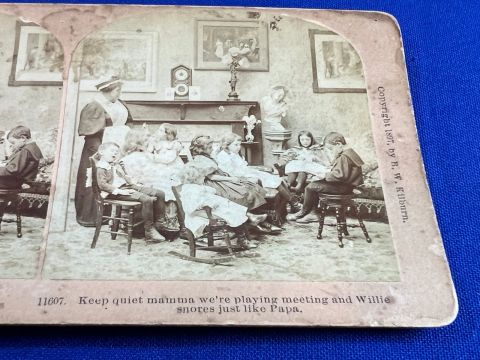 Stereoview Card Photograph of a young lad snoring at a girls meeting