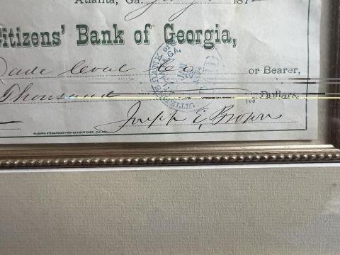 Framed Joseph E Brown Signed Check Georgia Governor During the Civil War