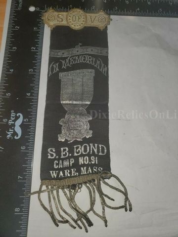 SONS OF VETERANS RIBBON IN MEMORIAM S.B. BOND CAMP NO.91 WARE MASS