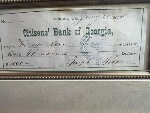 Framed Joseph E Brown Signed Check Georgia Governor During the Civil War