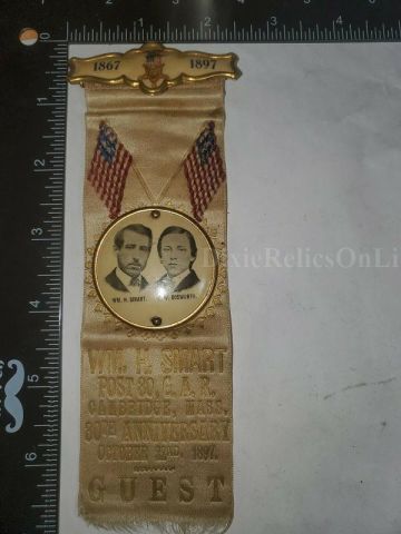 GRAND ARMY OF THE REPUBLIC RIBBON,1867 -1897 W.H. SMART AND F.W. BOSWORTH CELLULOID BADGE