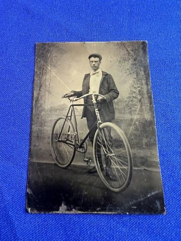 AWESOME 6th PLATE TINTYPE IMAGE PHOTO OF A MAN WITH A LARGE WHEEL BICYCLE