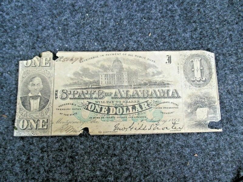 Civil War One Dollar Alabama Currency Note Dated 1863