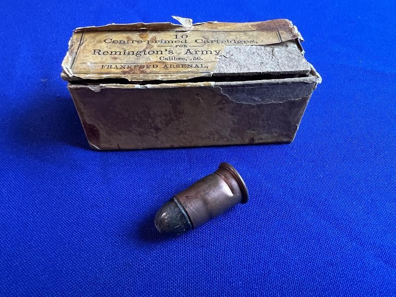 VERY RARE COMPLETE ORIGINAL BOX PACKET OF TEN .50 CALIBER CARTRIDGES BY FRANKFORD ARSENAL