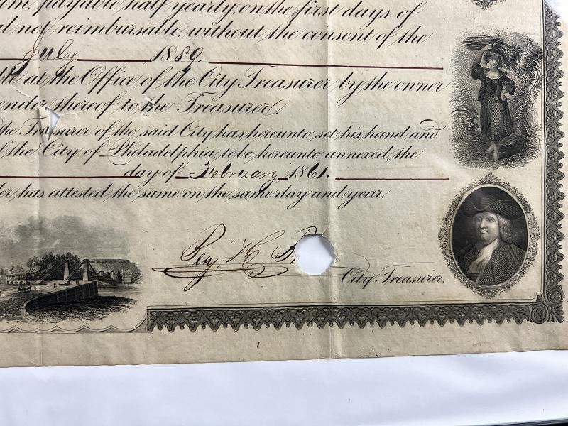 1861 City of Philadelphia Bond Certificate