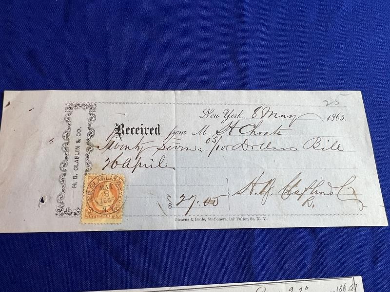 H.B. CLAFLIN CO. NY DATED MAY 8, 1865 CHECK WITH WASHINGTON 2 CENT STAMP