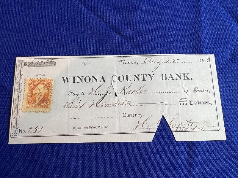 WINONA COUNTY BANK DATED AUGUST 22, 1865 CHECK WITH WASHINGTON 2 CENT STAMP