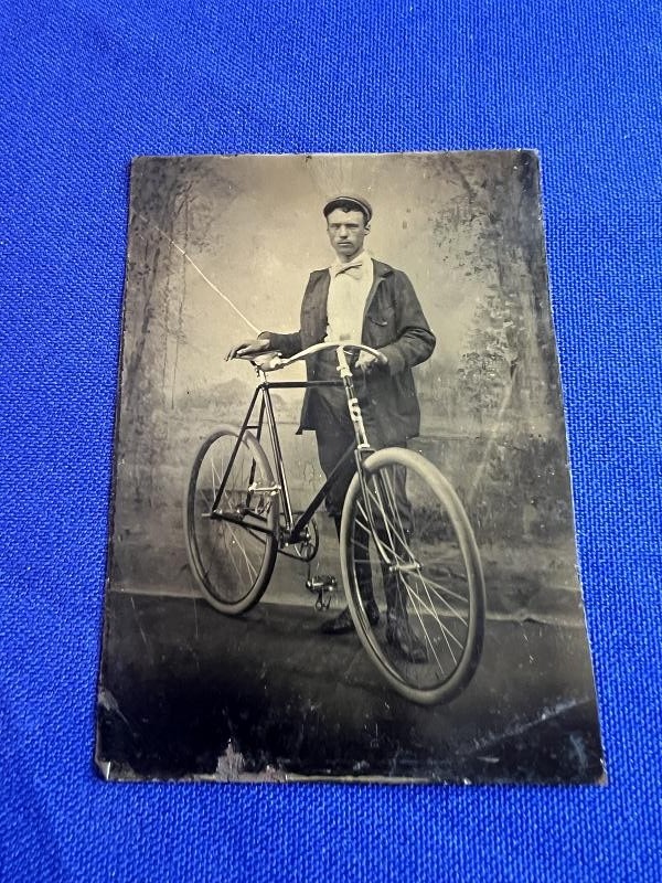 AWESOME 6th PLATE TINTYPE IMAGE PHOTO OF A MAN WITH A LARGE WHEEL BICYCLE