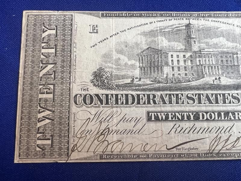 Exc Confederate $20.00 Note T58 April 6th 1863