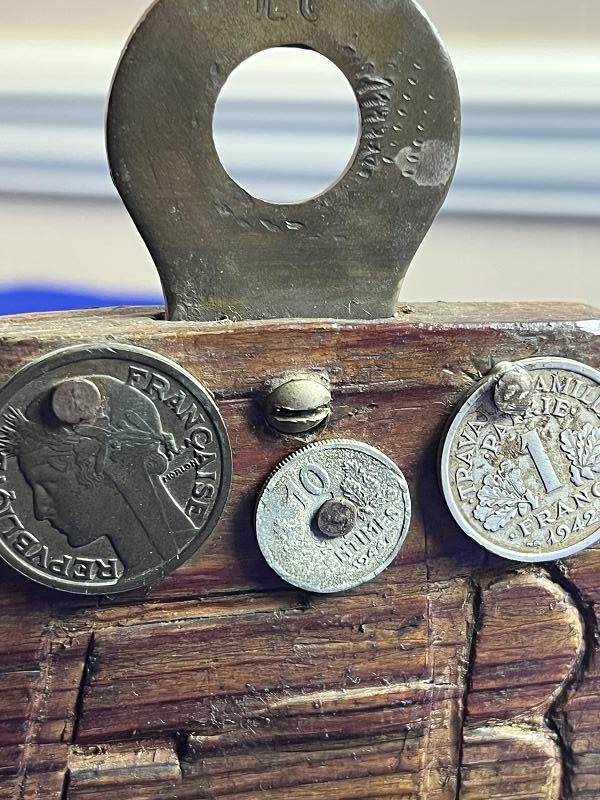 WW2 Trench Art Artillery Base Ashtray with German and French Coins