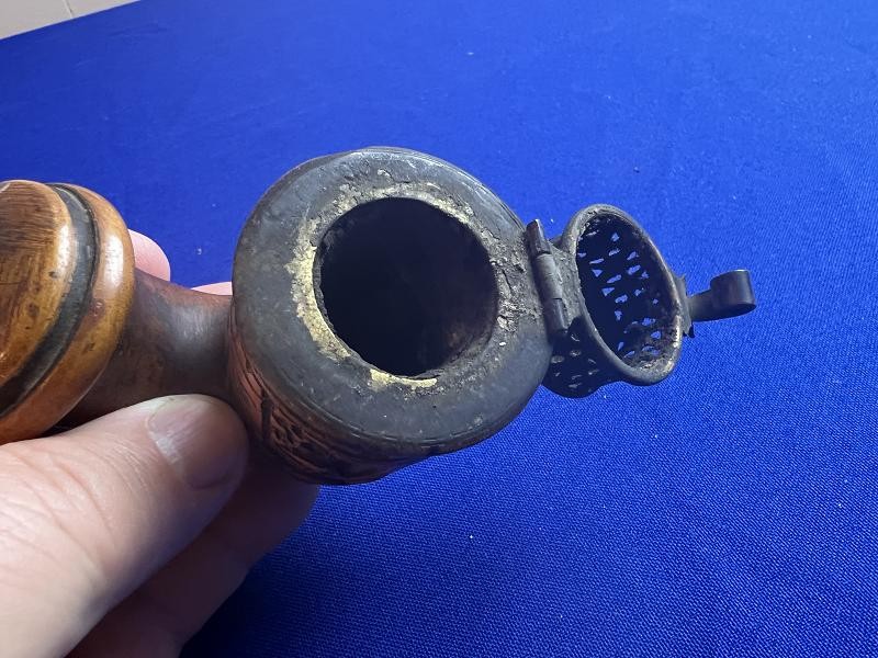 Carved Dated 1861 Cavalry Horse Civil War Pipe with Brass Smoking Stand