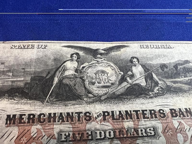 1856 $5 Dollar Merchants and Planters Bank Note Savannah, GEORGIA Currency