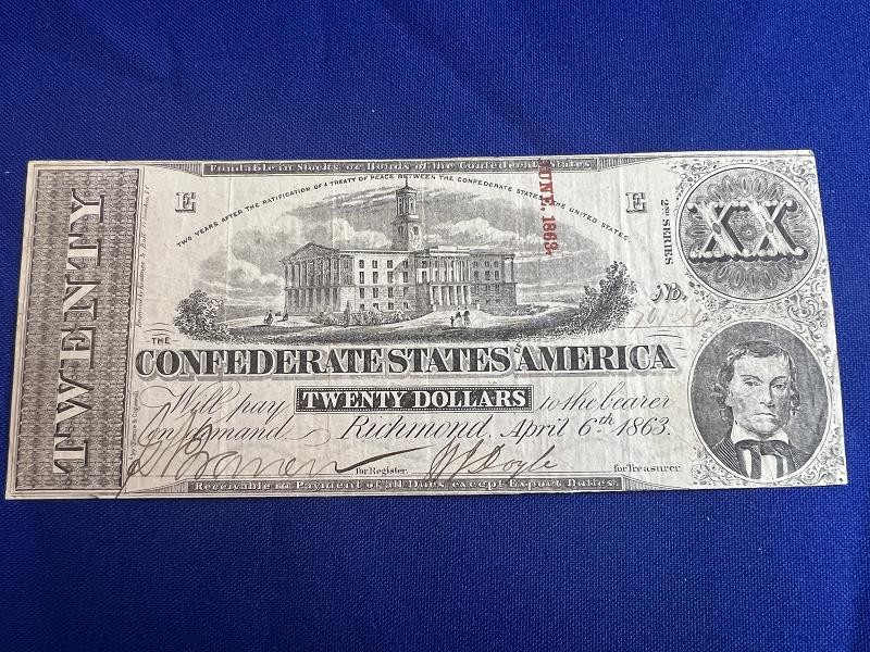 Exc Confederate $20.00 Note T58 April 6th 1863