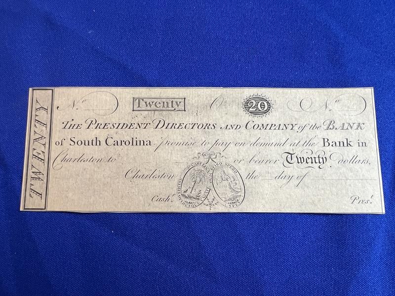 Bank of South Carolina $20 Twenty Dollar Note Charleston Sc.