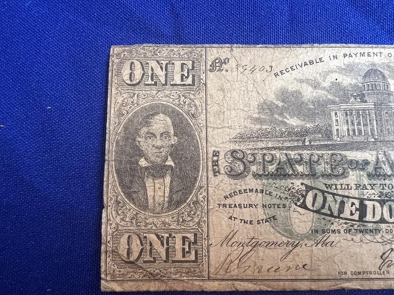Montgomery 1863 $1 Dollar Bill Note State of Alabama Obsolete Currency Paper Money