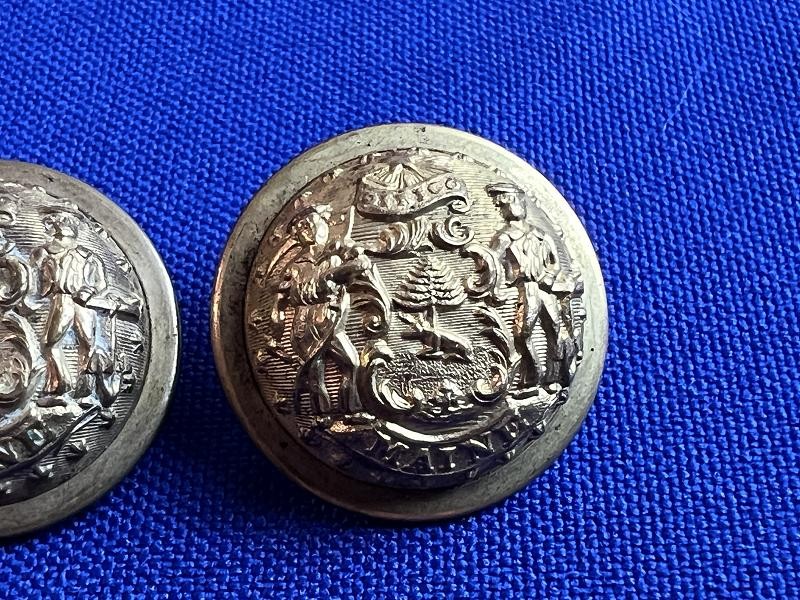 TWO MAINE STAFF OFFICER 7/8 DOMED BRASS UNIFORM COAT BUTTONS SCOVILL BM 23MM