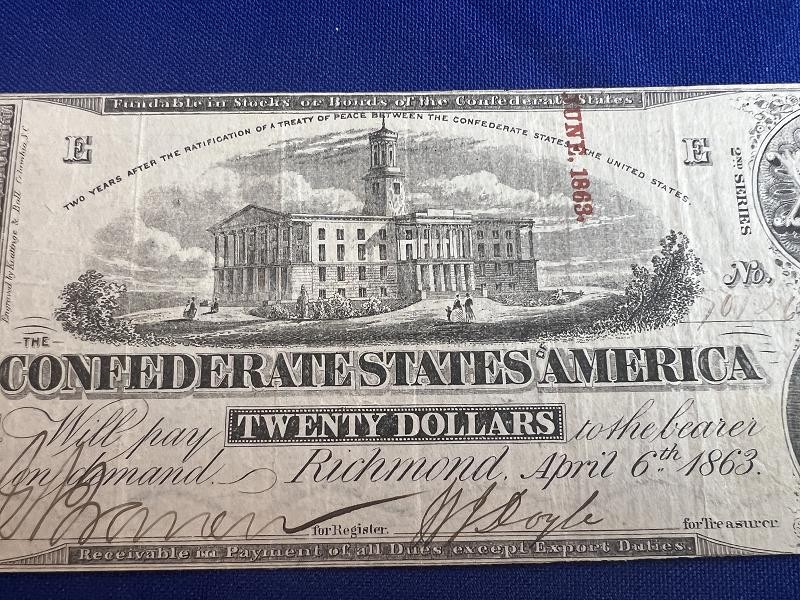 Exc Confederate $20.00 Note T58 April 6th 1863