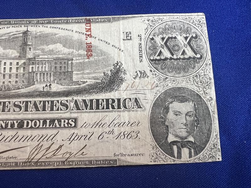 Exc Confederate $20.00 Note T58 April 6th 1863