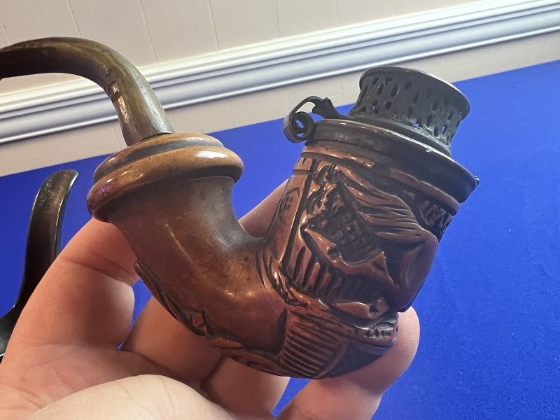 Carved Dated 1861 Cavalry Horse Civil War Pipe with Brass Smoking Stand