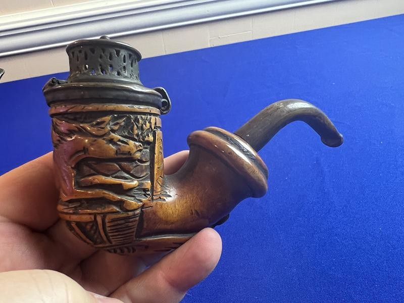 Carved Dated 1861 Cavalry Horse Civil War Pipe with Brass Smoking Stand