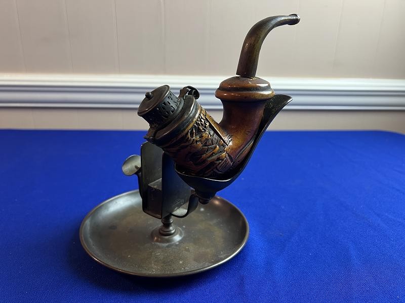 Carved Dated 1861 Cavalry Horse Civil War Pipe with Brass Smoking Stand