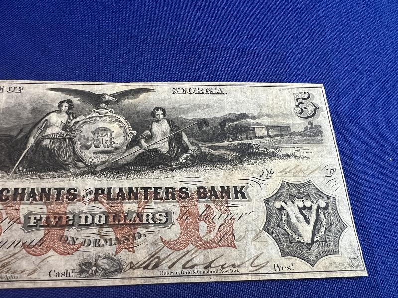 1856 $5 Dollar Merchants and Planters Bank Note Savannah, GEORGIA Currency