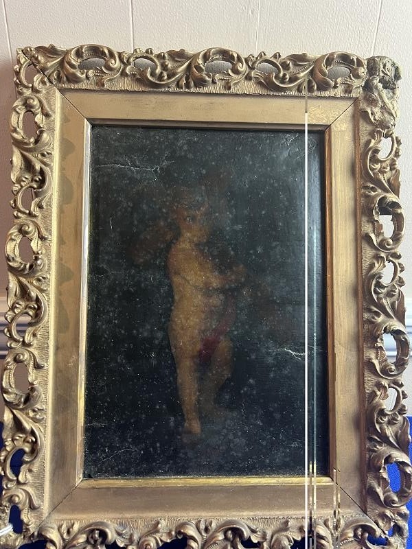 ANTIQUE ORIGINAL OIL PAINTING ON LEATHER ANGEL CARRYING CROSS WITH SCARF