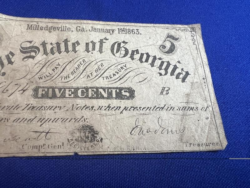 1863 5 CENT STATE OF GEORGIA OBSOLETE NOTE MILLEDGEVILLE GA CURRENCY