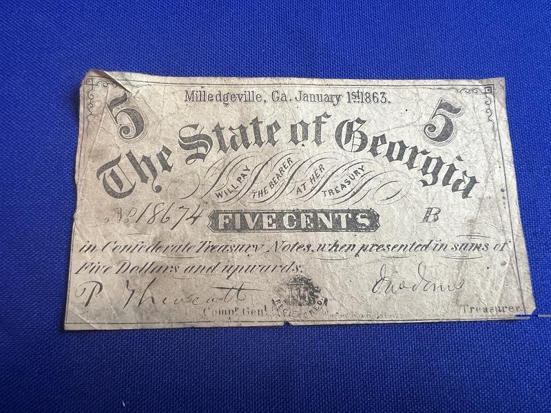 1863 5 CENT STATE OF GEORGIA OBSOLETE NOTE MILLEDGEVILLE GA CURRENCY