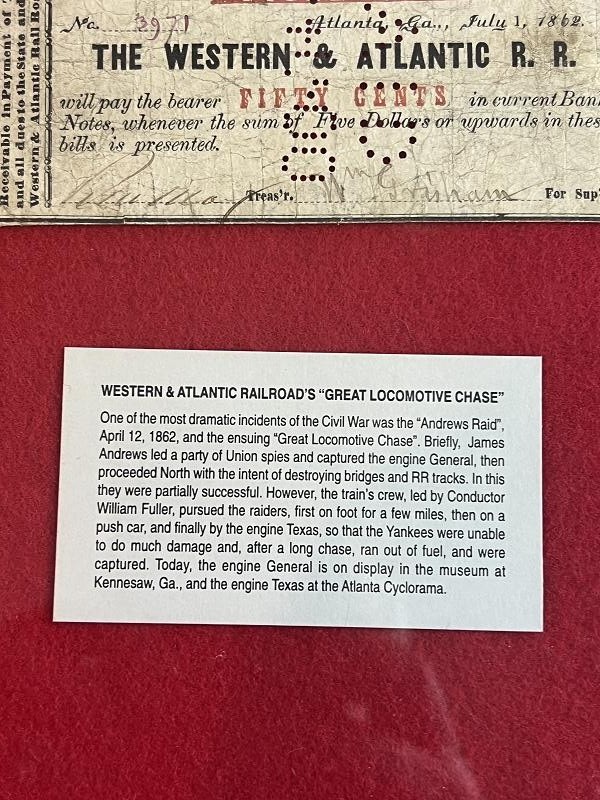 RARE 1862 50 CENT GEORGIA, ATLANTA WESTERN AND ATLANTIC RAILROAD NOTE