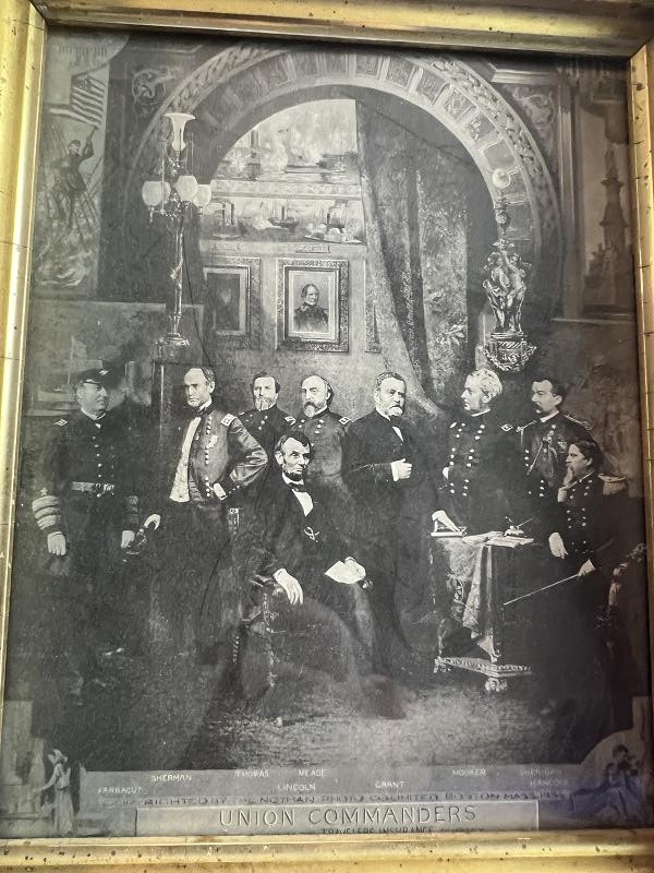 1870'S LINCOLN AND HIS GENERALS LITHOGRAPH PRINT IN ORIGINAL WALNUT FRAME