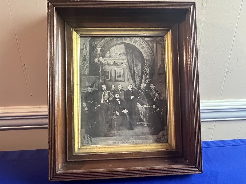 1870'S LINCOLN AND HIS GENERALS LITHOGRAPH PRINT IN ORIGINAL WALNUT FRAME