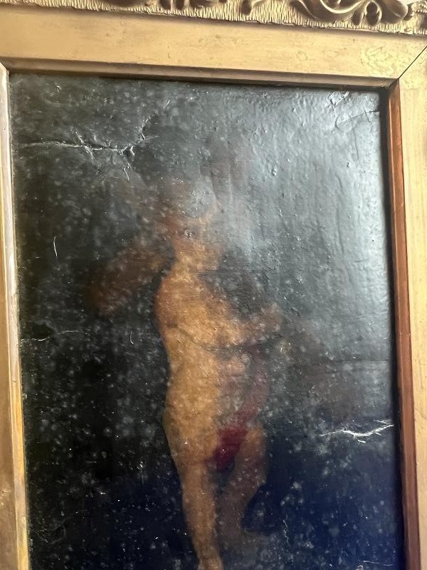 ANTIQUE ORIGINAL OIL PAINTING ON LEATHER ANGEL CARRYING CROSS WITH SCARF
