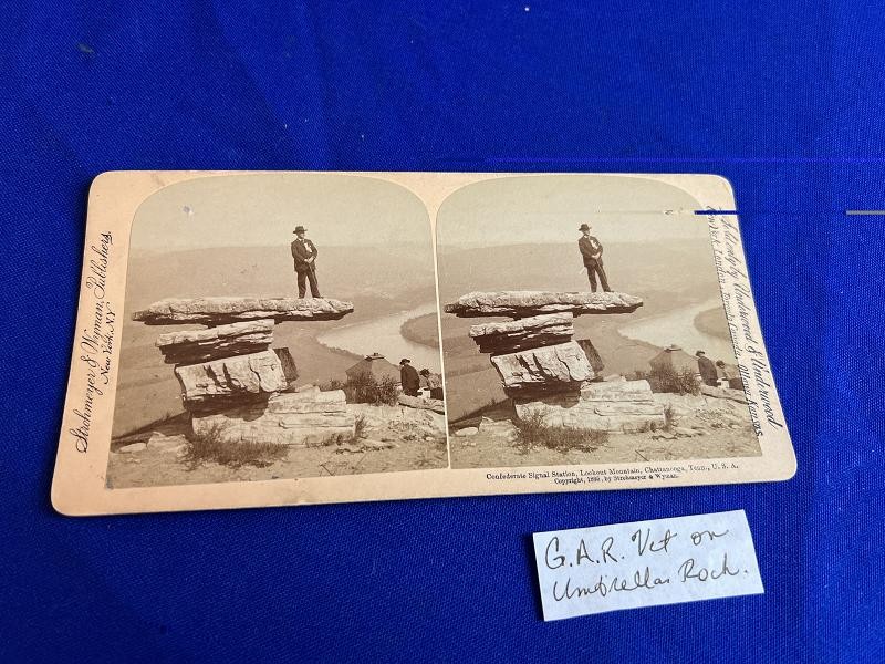 G.A.R. VETERAN ON UMBRELLA ROCK CHATTANOOGA TN STEREOVIEW CARD