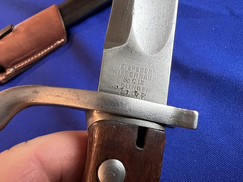 WWI FINE GERMAN S98/05 BUTCHER BAYONET MARKED WKC WITH FROG & SCABBARD
