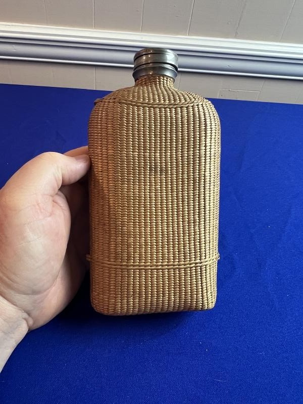Large Civil War Era Wicker Woven Covered Whiskey Flask
