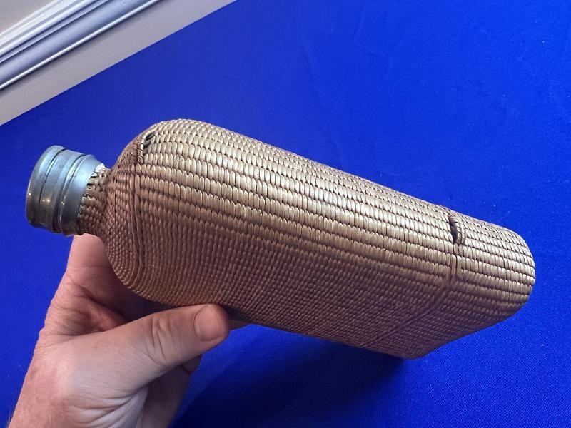 Large Civil War Era Wicker Woven Covered Whiskey Flask